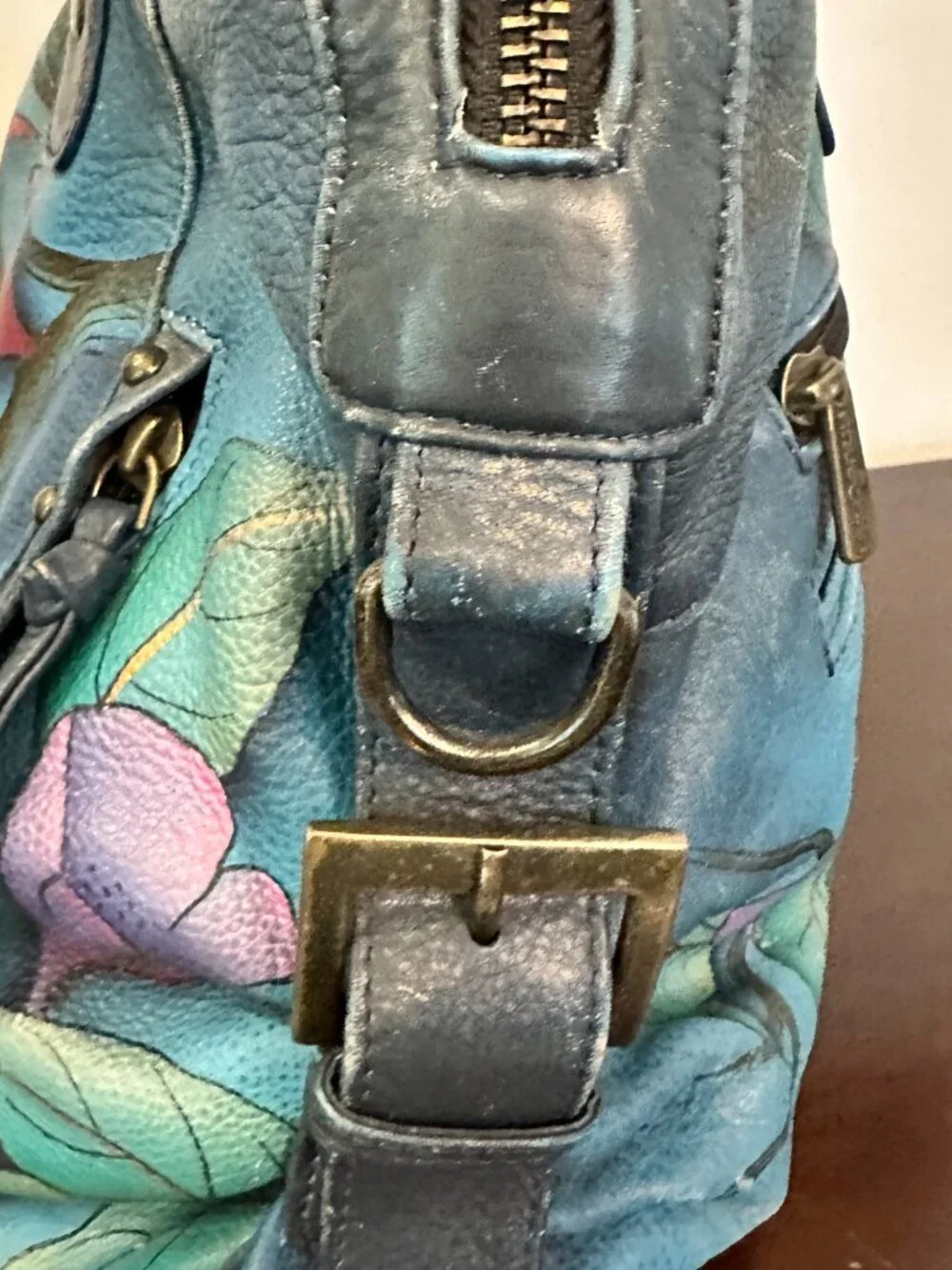 Anushka Hand Painted Leather Satchel Bag Butterfly Bird Floral Turquoise Baes